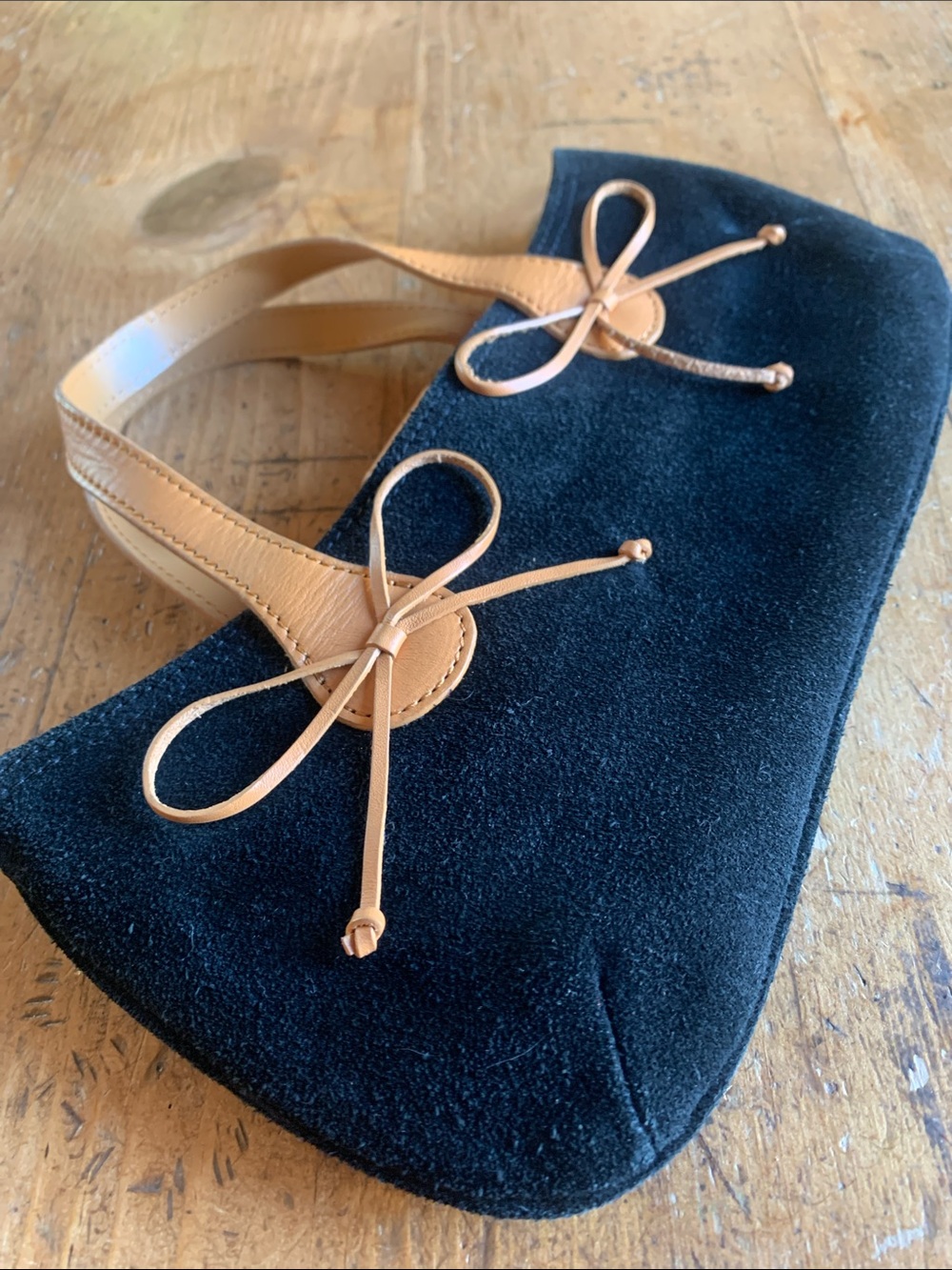 Black Suede Wristlet Clutch with Tan Leather Trim and Pink Interior